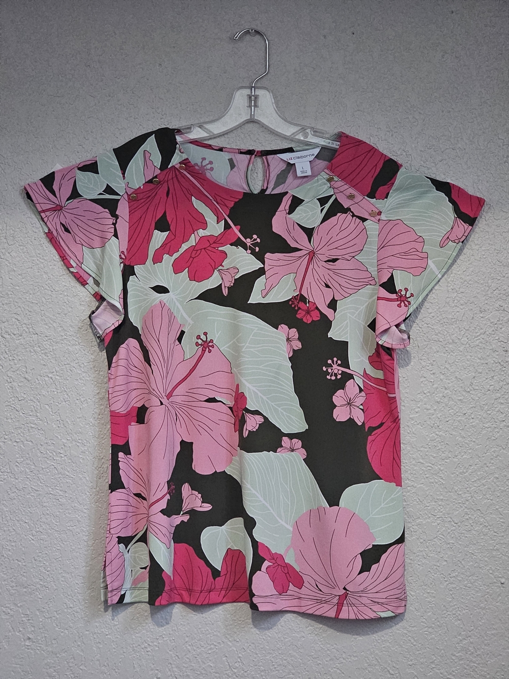 Liz Claiborne Pink & Mint Floral Flutter-Sleeve Top